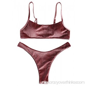 ZAFUL Womens Spaghetti Straps Padded Swimwear Bralette Velvet High Leg Bikini Set Rose Gold B07MFVDN46